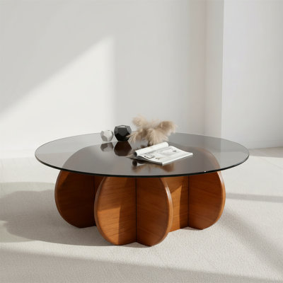 Round Coffee Table With Tempered Glass Top And Walnut Wood Base