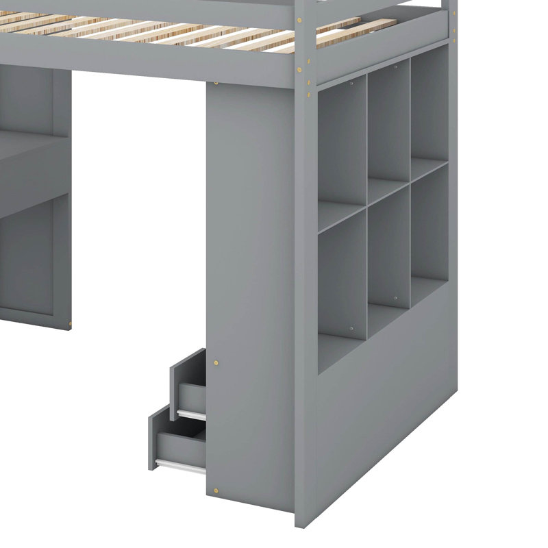 Lit mezzanine double avec tablettes, lumière DEL et bureau d'écriture, Gris