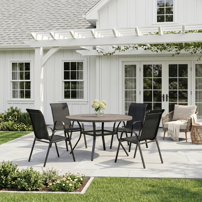 4-Person Round Patio Dining Set With Stackable Textilene Chairs, Brush Wood Gray/Black