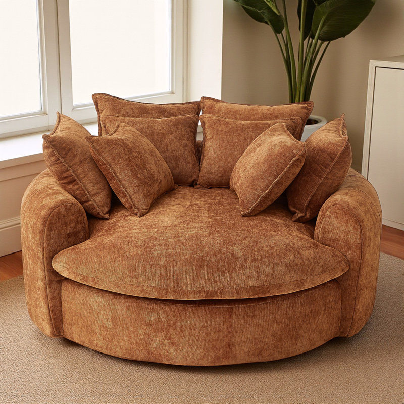 Upholstered Oversized Round Barrel Sofa Chair, Orange