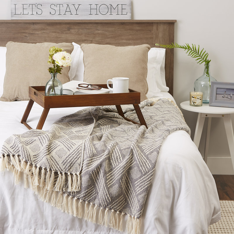 Gray Cotton Basketweave Throw Blanket with Fringe, 50x60