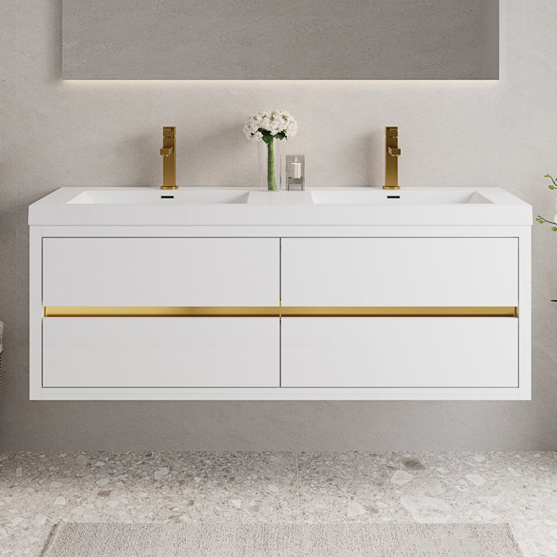 Meuble-lavabo mural avec double lavabo, Blanc lustré, 59"