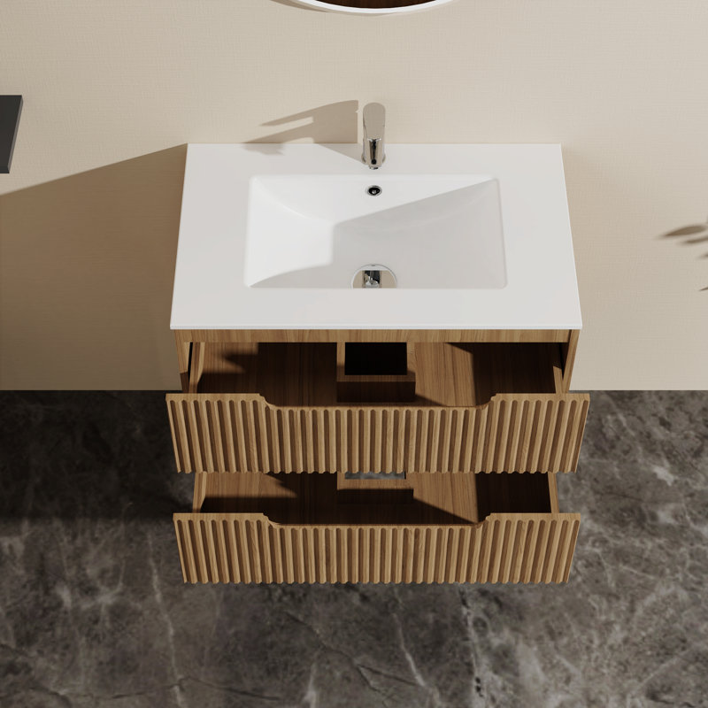 30" Wall Mounted Bathroom Vanity The Drop In Ceramic Sink Is Not Included. Floating Bathroom Cabinet, Soft-Close System,2 Extra Big Drawers,Walnut, Sink Not Included