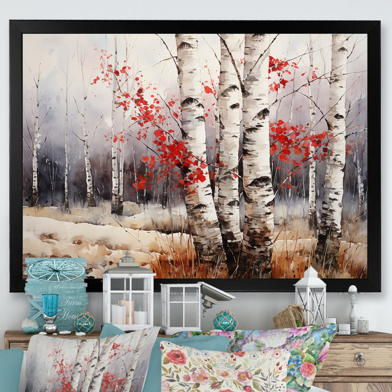Bois de bouleau blanc et rouge en hiver III - Art mural bouleau, H 30 po x l 40 po x P 1,5 po, Cadre simple noir