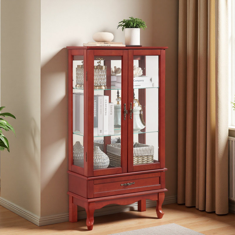 Lighted Glass Display Cabinet Glass Wine Cabinet Curio Display Cabinet With Adjustable Glass Shelves Two Doors And One Drawer Bulb Included For Home Decor And Storage
