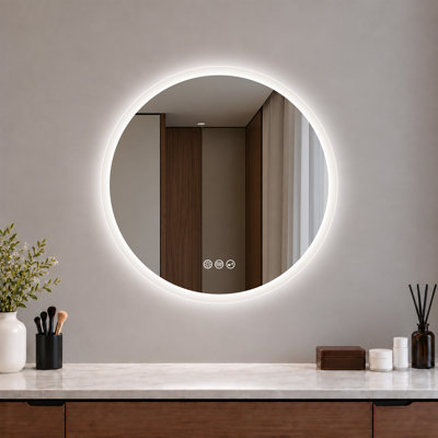 Round LED Bathroom Vanity Mirror with Bluetooth Speaker, Tempered Mirror, Dimmable, Anti-Fog, Touch Control