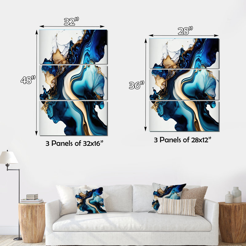 «Elivra», marbre abstrait géode bleue II sur toile, 3 pièces