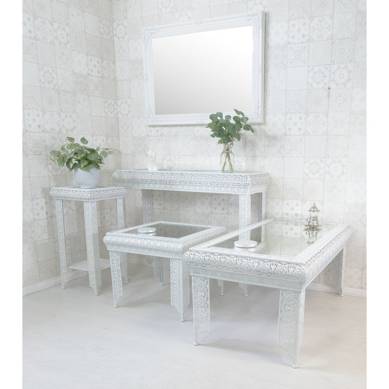 Muhja Embossed Metal & Glass Moroccan Style Lamp Plant Table, White