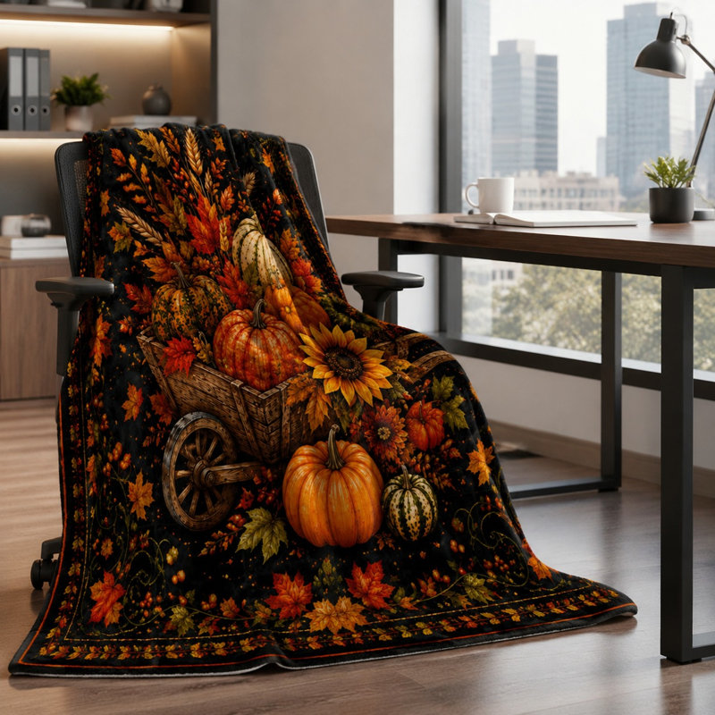 Couverture douillette d'automne à motif de brouette, jeté décoratif citrouille et feuilles d'automne pour canapé, chambre, salon, décoration intérieure