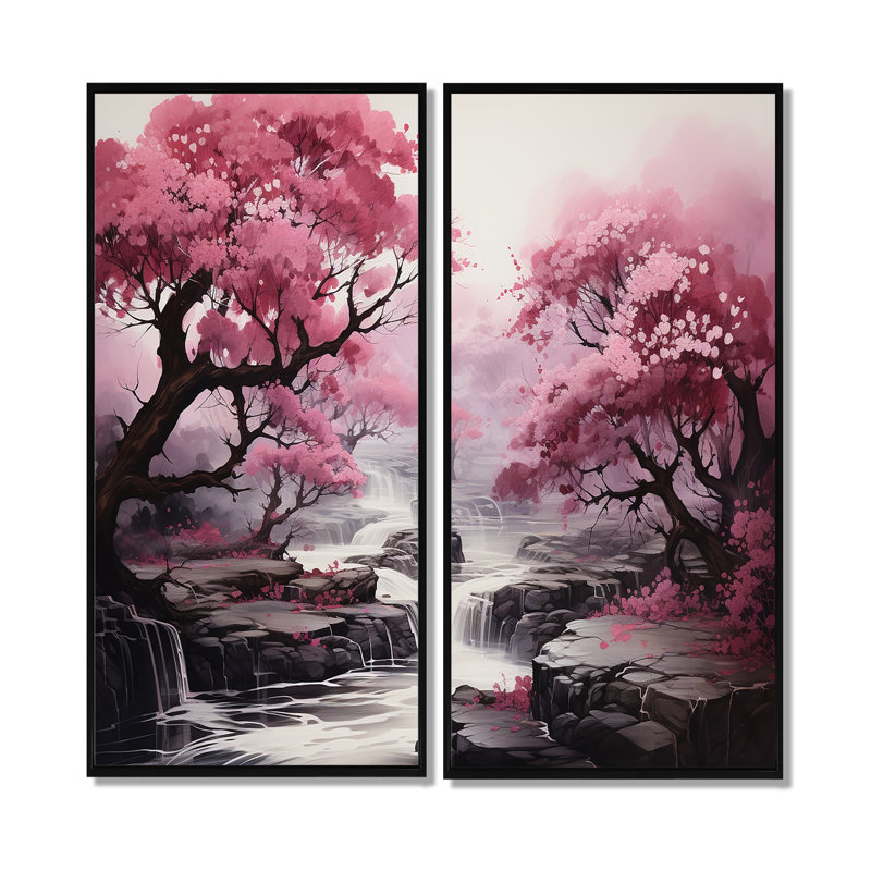 Décoration murale cascade rose arbres en cascade - paysages, H 40 po x l 40 po, Reproduction encadrée sans passe-partout