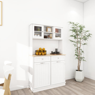 Armoire de cuisine blanche de 67,7 po de hauteur avec 3 tablettes réglables, 2 tiroirs et un compartiment à ordures inclinable, 1 bac à décor moderne. Conception pour la cuisine, la salle à manger, le salon. Rangement généreux, caché