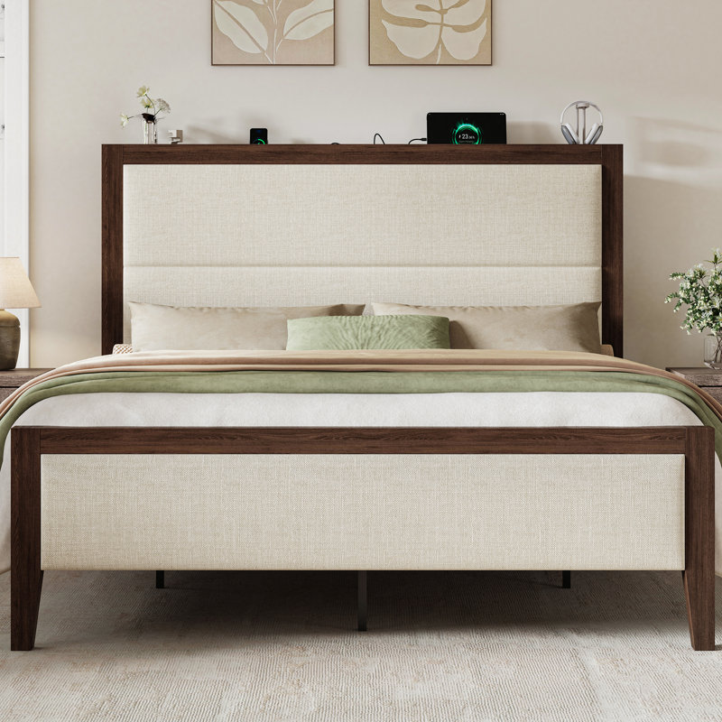 Lit plateforme en bois massif avec tête de lit tapissier, beige, Queen, Beige