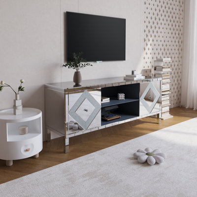 Mirrored Tv Stand For Tvs Up To 65", Silver Tv Console Table With Open Storage & 2 Storage Cabinets, Diamond Shape Sparkling Mirror Doors