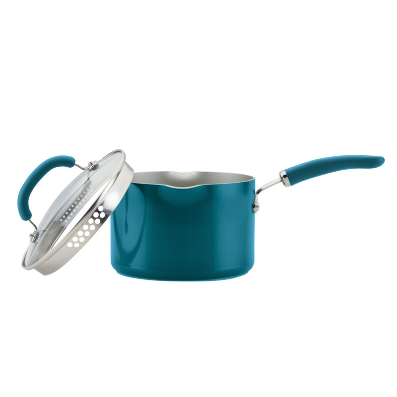 Teal 2-Quart Aluminum Nonstick Straining Saucepan with Glass Lid