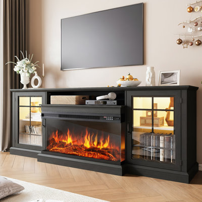 Farmhouse TV Stand With 36" Electric Fireplace And Glass Cabinet