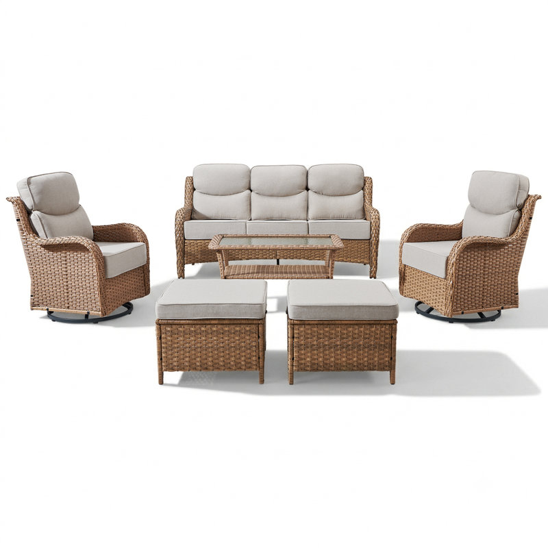 Ensemble de conversation de patio en osier 6 pièces avec chaises pivotantes et table basse, Beige, Jaune