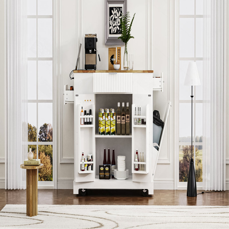 Fluted Kitchen Island with Trash Can Storage Cabinet, Power Outlet, Internal Storage Rack, Rolling Kitchen Islands on 5 Wheels with 3 Drawer, 3 Open Side Racks for 10 Gallon Garbage Bin