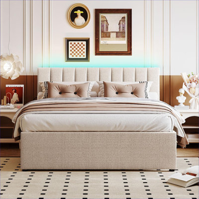 Upholstered Teddy Fleece Queen Size Platform Bed with Twin XL Trundle, Striped Headboard, Slate Gray