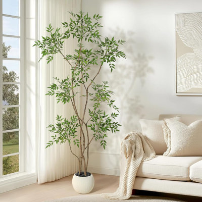 Arbre Nandina artificiel 5/6 / 7ft en pot - Faux plante de sol avec pot de fleurs blanc pour la décoration de bureau personnel