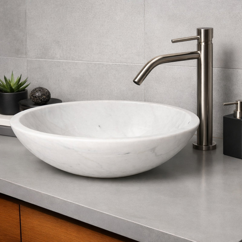 17" Classic Natural Stone Vessel Sink - White Marble With Irregular Natural Brown And Black Veining - Hand-carved Modern Style Sink - Perfect For Luxury Bathrooms And Vanities