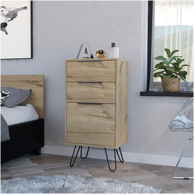 Light Dresser Skyoner, Hairpin Legs, Superior Top,Three Drawers, Light Oak Finish