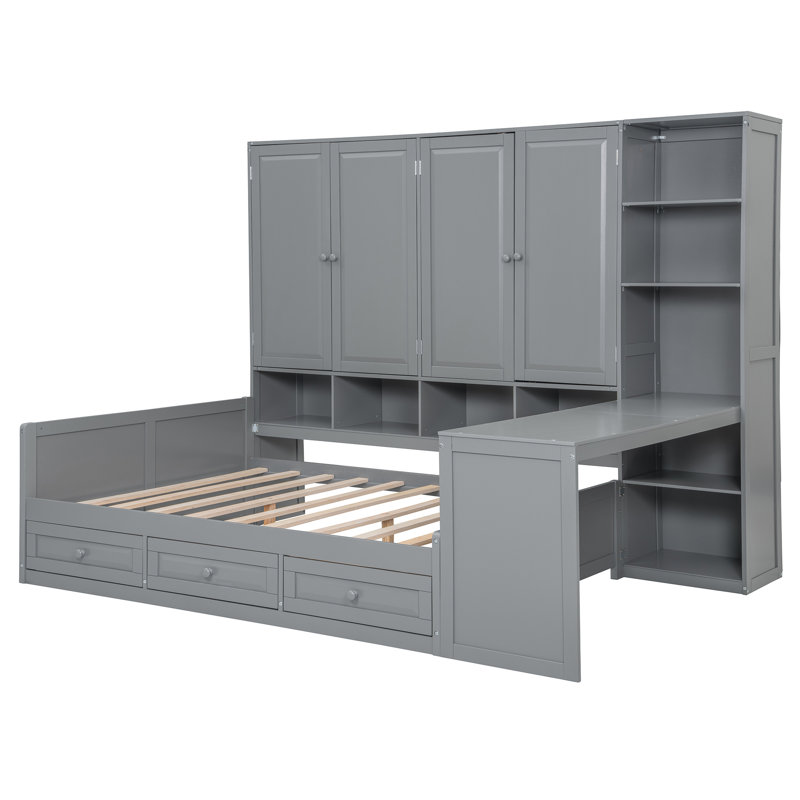 Wooden Daybed With Three Drawers, and All-in-One Cabinet, Desk and Shelves, Gray, Full