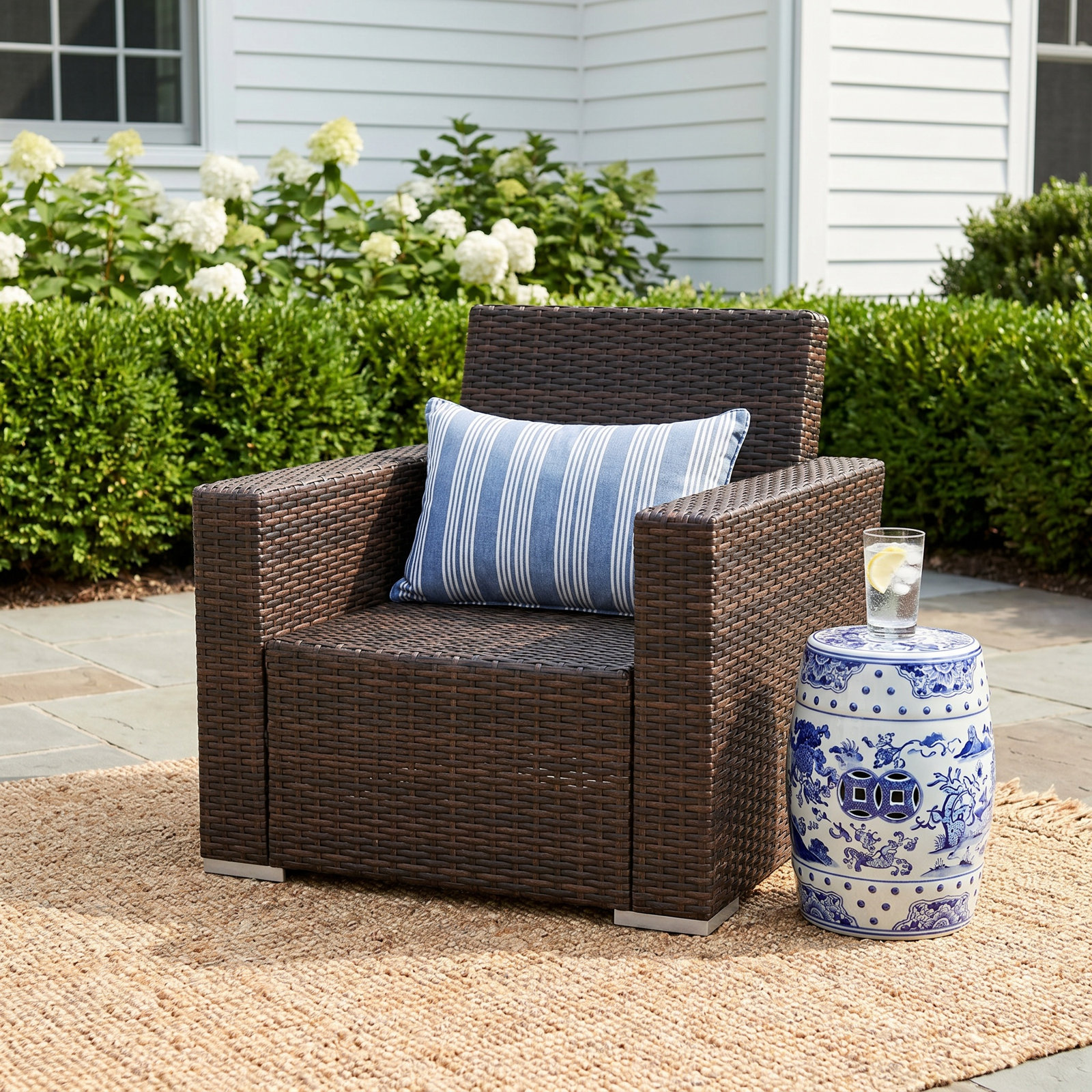 Naomie Patio Chair with Sunbrella® Cushion, Canvas Flax Sunbrella® Canvas, Driftwood