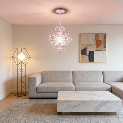 Small Crystal Chandelier Light Fixture, 90% Pre-Assembled Pink Acrylic Ceiling Light With Adjustable Chain, Dimmable For Bedroom, Closet, Bathroom, Entryway, And Dining Room