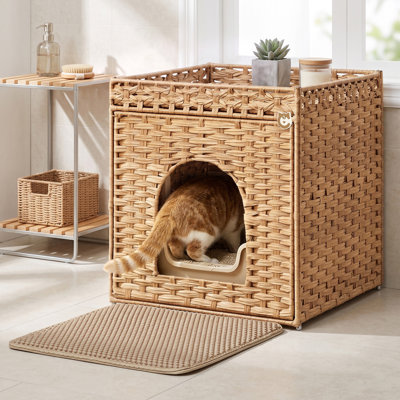 Enceinte de litière en rotin Boho tissée à la main avec plateau coulissant, tapis de litière, jaune
