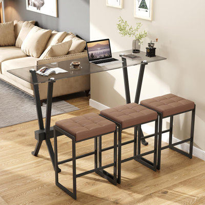 Ensemble de table de bar moderne de style industriel (59 po), plateau en verre trempé et 3 tabourets rembourrés en PU
