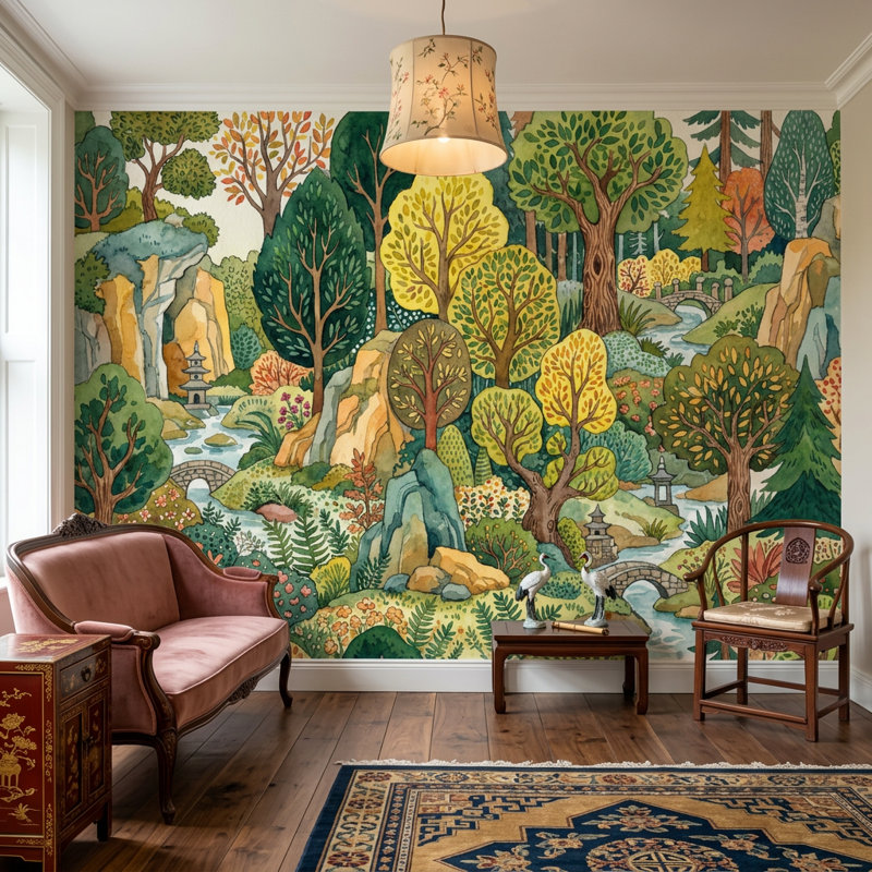 Papier peint forêt paysage aquarelle, Textured Non-Pasted, 100 po x 96 po