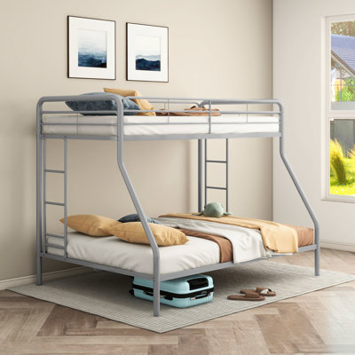 Glossy Silver Twin Over Full Bunk Bed, Two Built - In Ladders, Metal Slat Support, Guardrails For Bedroom Use Bed With Silver, Ladders Easy Access, Slats, Rest