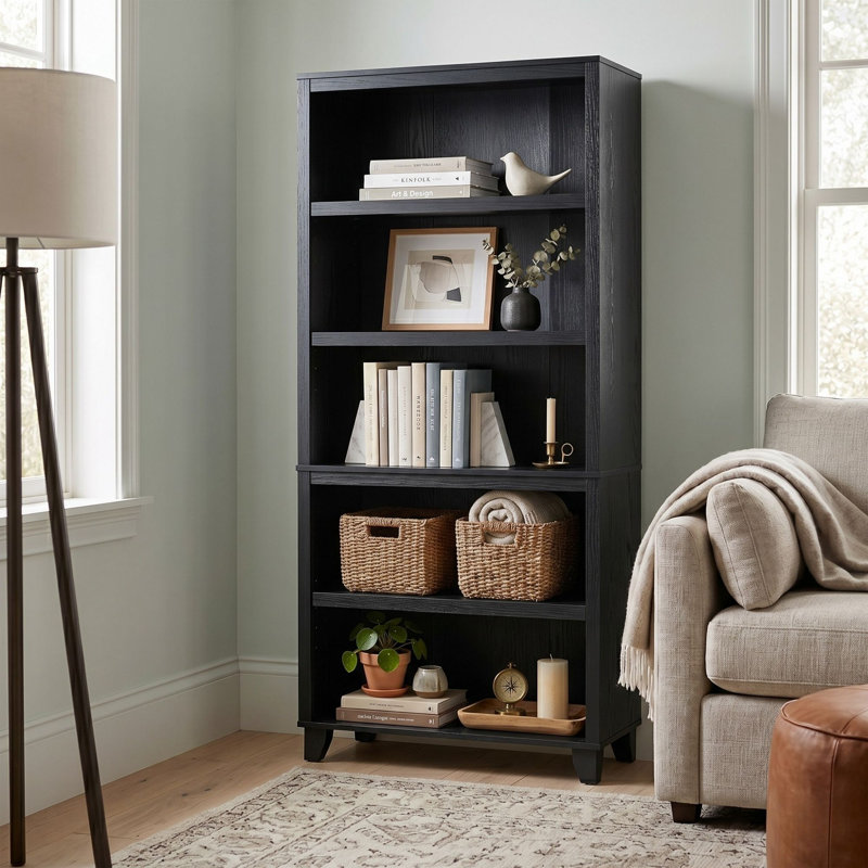  64.25” H 5-Tier Bookcase with Adjustable Shelves, Black Freestanding Open Shelf for Living Room, Bedroom, or Home Office