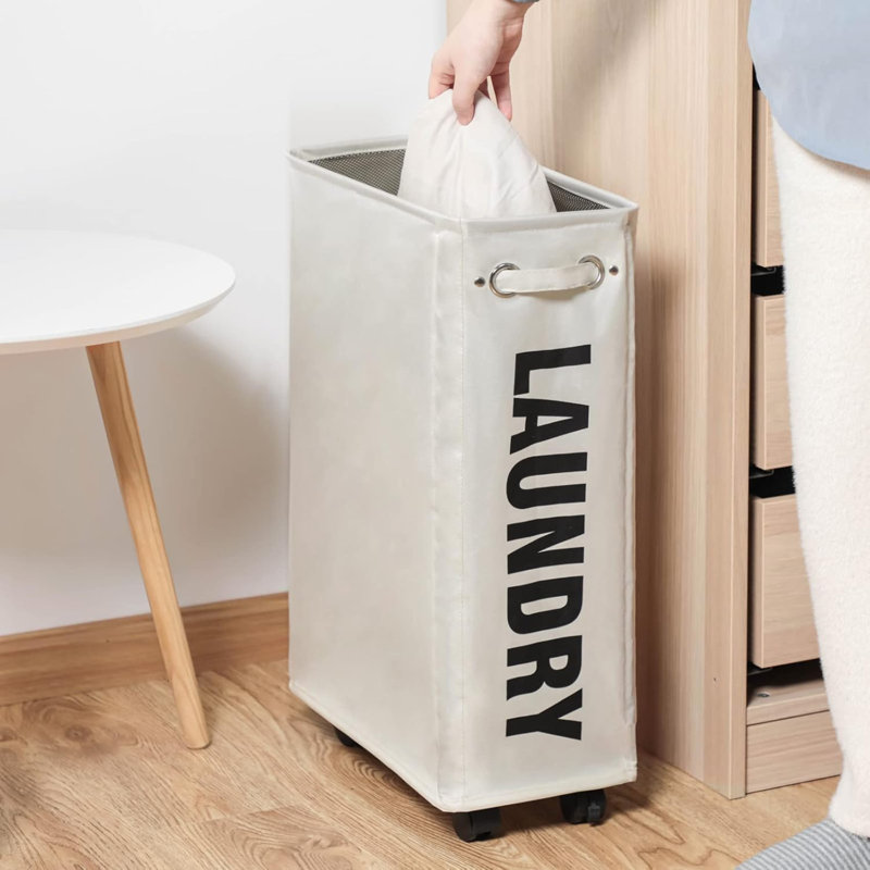 Rolling Slim Laundry Basket on Wheels, Foldable Laundry Hamper with Handle, Collapsible Laundry Sorter and Organizer, Tall Storage Basket Bin