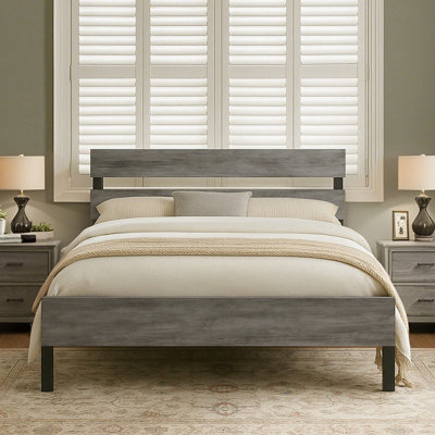 Metal & Wood Platform Bed Frame with Headboard,Grey