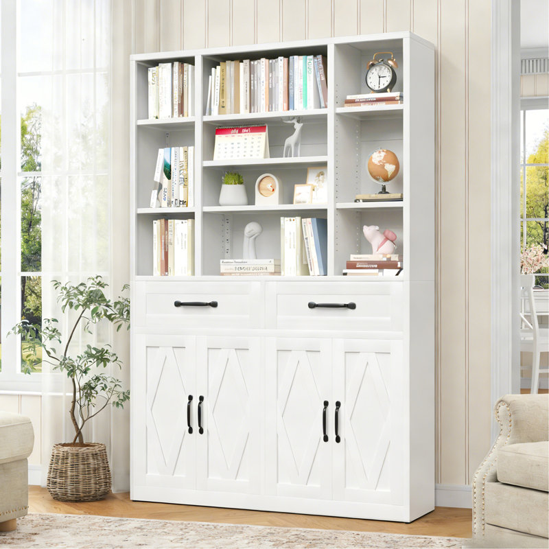 Bibliothèque de 71 po de hauteur avec portes, tiroirs et tablettes ouvertes réglables, armoire de rangement en métal pour bureau personnel, salon, bibliothèque industrielle, blanc
