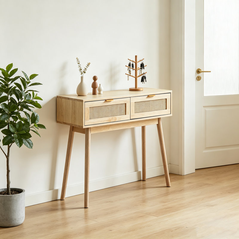 Console en rotin avec 2 tiroirs de rangement et porte coulissante en rotin
