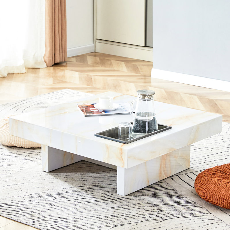 Table basse, 31,4 po x 31,4 po x 12 po, blanc perle, avec effet marbré moderne