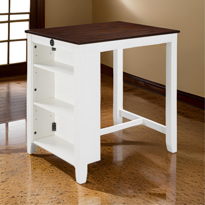 Petite table de salle à manger à hauteur de comptoir 36 pouces avec tablettes Ham, port USB, blanc, Brown/White