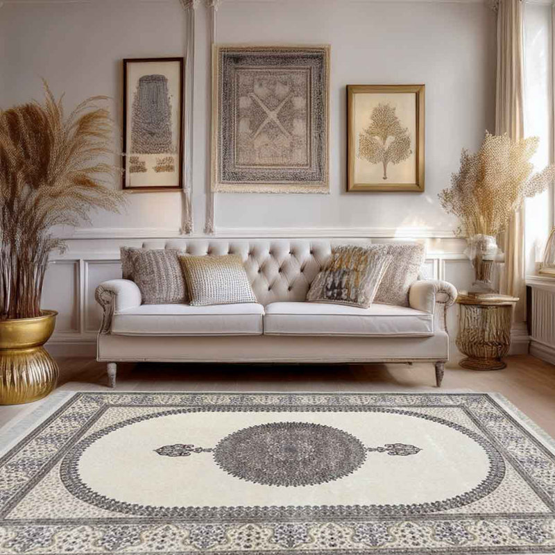 Minyatur White & Cream Medallion Area Rug – 100% Viscose, Traditional Low-Pile Woven Carpet for Living Room, Bedroom & Hallway