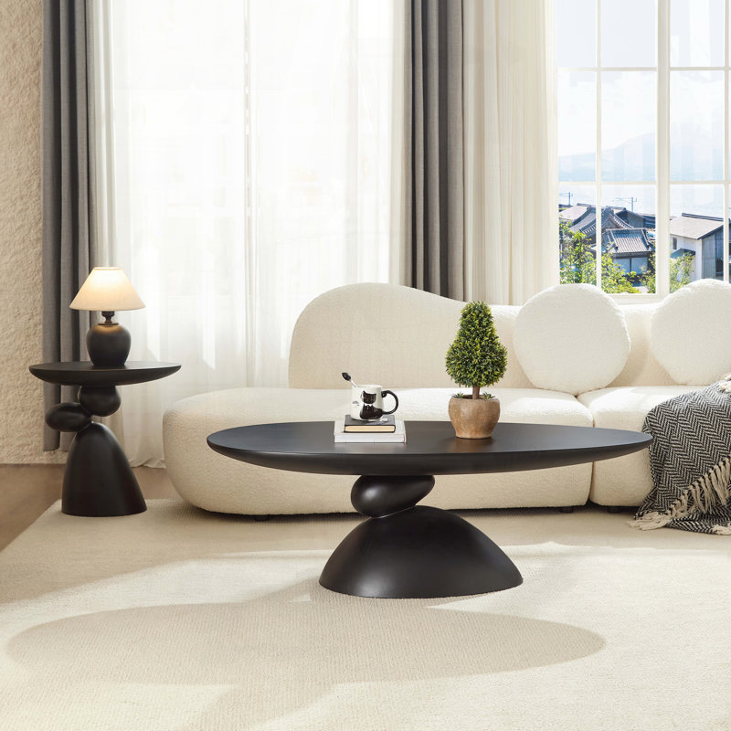 Table basse ronde avec base galet empilé - gris pierre moucheté clair, Noir