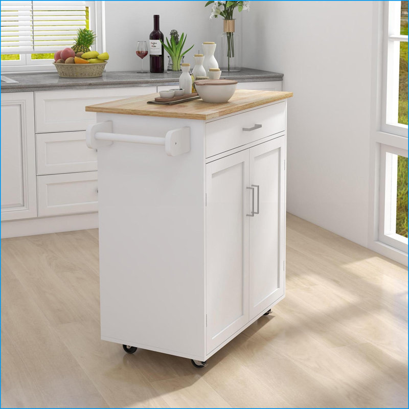 Kitchen Island Cart with Storage, Lockable Wheels &amp; Rubber Wood Top | Snow White | MDF