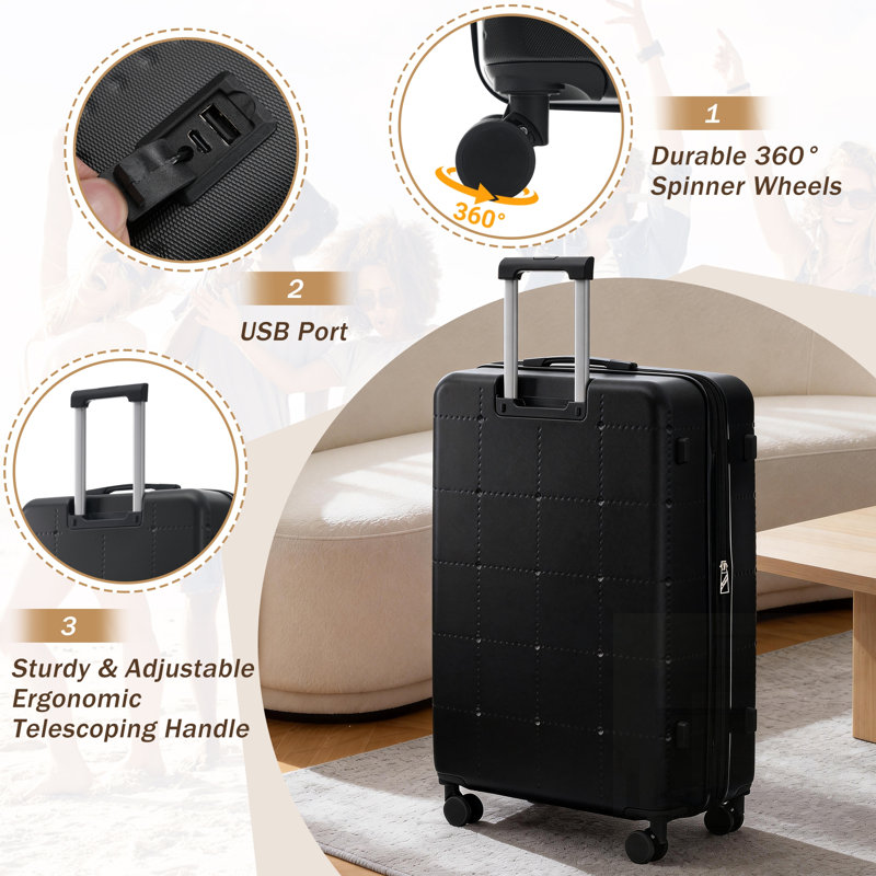Ensemble de valises rigides durables avec port USB, valises extensibles et sacs assortis pour un voyage polyvalent, Black