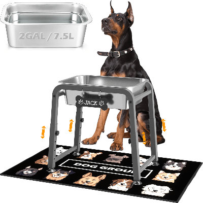 Distributeur de nourriture surélevé pour animaux de compagnie avec 4 hauteurs réglables, grands bols de 7,5 litres, tapis anti-déversement et étiquette personnalisée