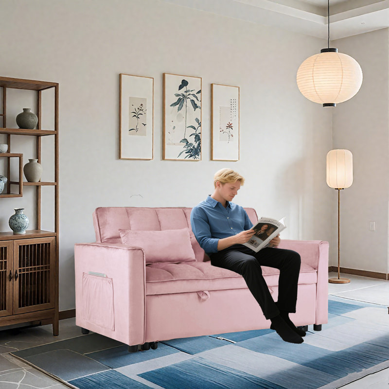 55" Loveseat Sofa with Pull-Out Sofa Bed,Tufted Sleeper Sofa with Adjustable Backrest, Pink