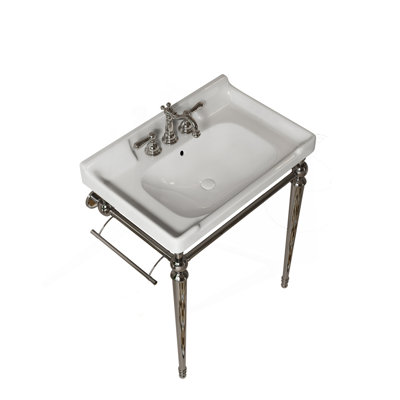 28" Bathroom Console Sink, Wall-Mounted White Ceramic Vanity Basin With 3 Pre-Drilled Faucet Holes, Freestanding Stainless Steel Support Legs With Towel Bar, No Faucet & Sink Cover, Chrome Color