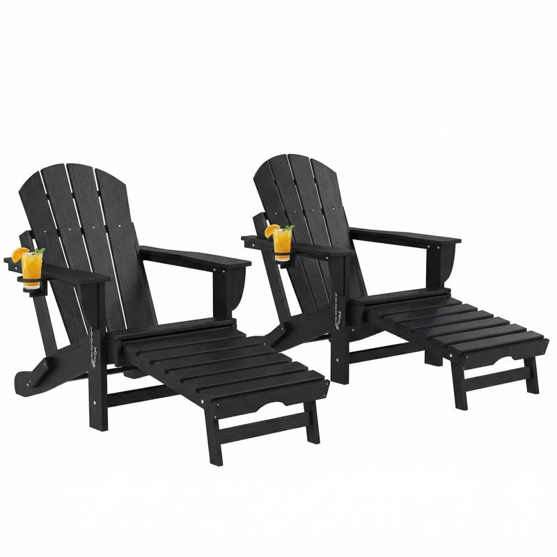 Folding Adirondack Chair Set Of 2, Hdpe Fire Pit Chair With Retractable Ottoman And Cup Holder, All-weather Outdoor Lounge Chairs For Patio, Garden, Poolside