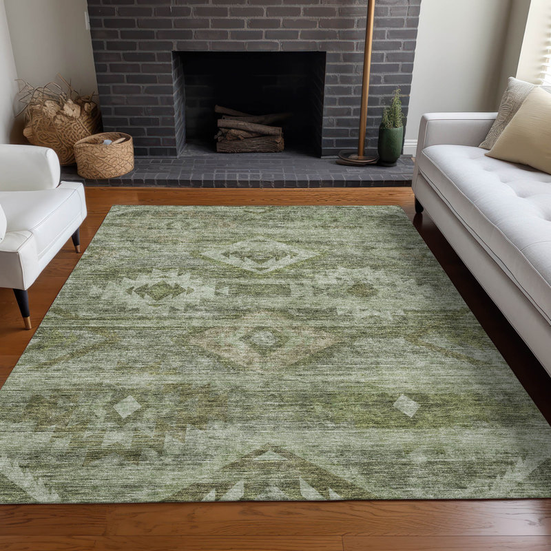 Tapis olive Prisco lavable à la machine de qualité supérieure, Rectangle 10 pi x 14 pi