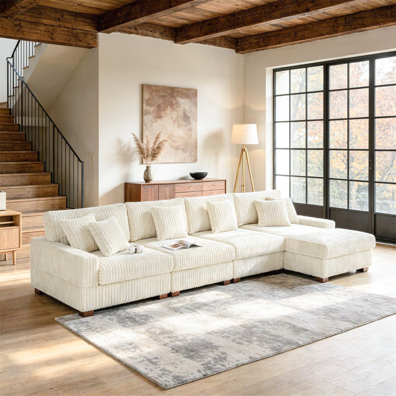 4 - Piece Upholstered White Faux Rabbit Fur Flannel Modular Sectional Sofa with Armrests & Throw Pillows, White Faux Fur