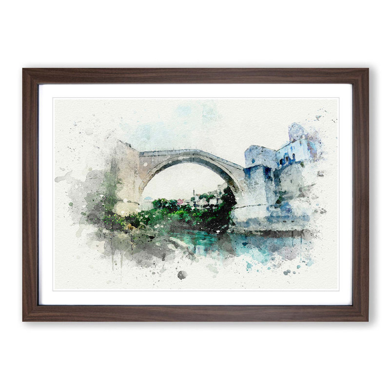Stari Most Old Bridge in Abstract - Picture Frame Graphic Art Print, Walnut Framed, 27cm H x 36cm W x 2cm D